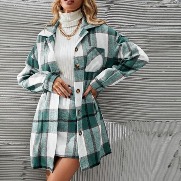 2 piece set Plaid Print Button Front Overcoat & Skirt - Picture 4 of 7